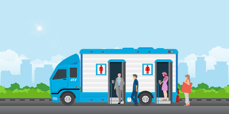 People queue to enter the toilet bus or mobile toilet.Truck transporting mobile or portable toilets, service toilet truck , toilet public, vector illustration.のイラスト素材