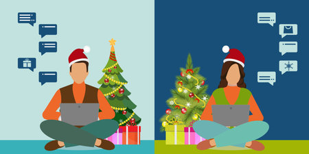 Couple celebrating christmas together on video conference with christmas decorations, Christmas vector illustration.のイラスト素材