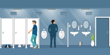 People in public toilet for men with furniture and stuff.Restroom for men. WC room with sinks, mirrors, urinals, modern bathroom interior cartoon vector illustration.のイラスト素材