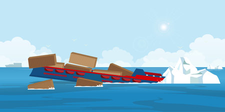 Wreck of the ship of cargo in ocean, vessel going under water and goods containers.Damaged ship. Crash or accident in sea. Marine catastrophe. Marine transport crash, vector illustration.のイラスト素材