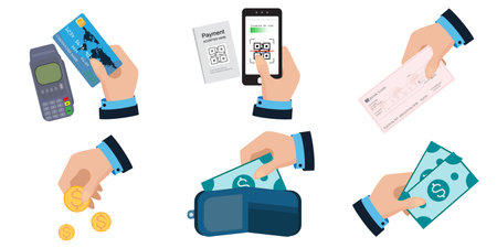 Set of various payment options isolated on white background. Hands with cash, mobile banking, credit card, check, coins. Financial operations, transactions, and payment concepts. Vector illustrations.のイラスト素材