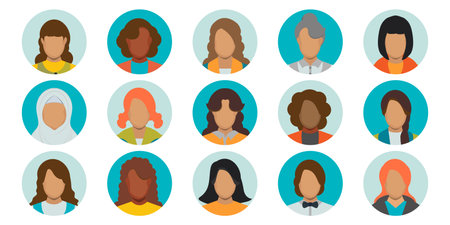 People portraits of faceless females faces at round frame.Set different person portrait of big diverse face avatars isolated on white background, flat vector illustration.のイラスト素材