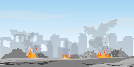 Building between the ruins and concrete with bomb explosions. Destroyed city concept landscape, war destruction, vector illustration.のイラスト素材