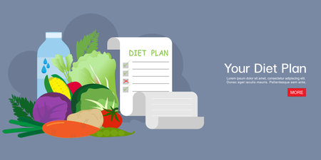 Diet plan schedule with healthy food, drinking water.Conceptual illustration of healthy eating, nutritional recommendations for balanced diet, vector illustration.のイラスト素材