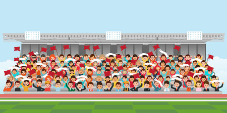 Crowd of fun people on the stadium. Cheerful people having fun celebrating. Applause people hands up. Vector Illustration.のイラスト素材
