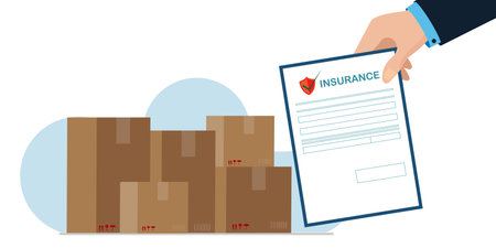 Hand holding freight cargo delivery insurance form. Transportation protection coverage guarantee policy for parcel packages. Managing shipping risk. business conceptual vector illustration.のイラスト素材