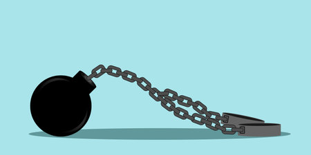 Shackles chain with weight metal ball, concept of addiction or bad problems or debt, freedom and liberty, slavery and liberation and bad habits.Vector illustration.のイラスト素材