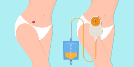 Stoma and colostomy isolated on background. Urostomy bag containing urine flow through small bowel stoma to Urine Drainage Bag. Ostomy medical care equipment, vector illustration.のイラスト素材