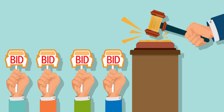 Hands holding auction paddle in shape of car and hammer. Bid plate. Auction competition, Business...
