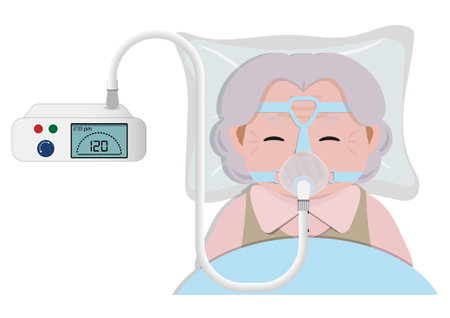 Sleep apnea elder woman with oxygen mask fitted over a head.Continuous positive airway pressure.Obstructive sleep apnea.people lying on bed.Cpap mask.Patient in hospital cpap therapy.medicalのイラスト素材