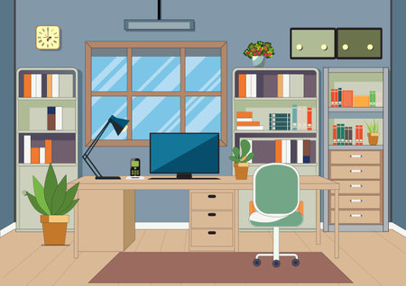 Home workplace decor at wooden table, shelves and chair with modern computer and desk in room.Concept of contemporary workplace, Home office interior vector illustration.
のイラスト素材