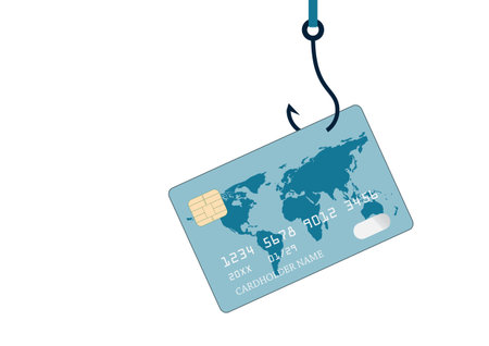 Conceptual vector illustration of a credit card caught on a fishing hook, symbolizing financial traps, debt, or online fraud, isolated on white background.のイラスト素材