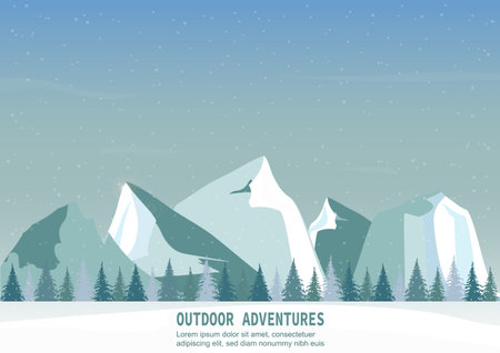 Scenic winter landscape with majestic mountain peaks.Ideal for themes related to winter sports, holidays and outdoor adventures. website templates, travel promotions and seasonalà¸¡ Vector illustrationsのイラスト素材