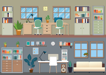A minimalist office interior featuring a wooden table, shelves, and a chair. This vector illustration represents a contemporary home office or workspace setup.のイラスト素材