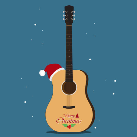 Vector illustration of a Christmas hat placed on a guitar, representing holiday music and festive celebration, with snow in the background creating a cozy winter atmosphere.のイラスト素材