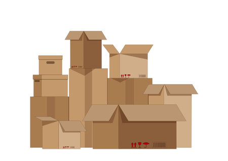 Stack of brown cardboard boxes with fragile stickers used for shipping, delivery, or logistics. Ideal for commercial packaging and e commerce purposes isolated on white background.vector illustration.のイラスト素材