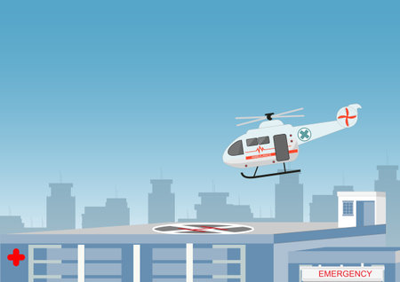 Medical helicopter landing on hospital rooftop helipad. Emergency rescue and air ambulance concept in flat style. vector illustration.のイラスト素材