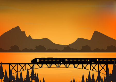 Vector silhouette of a high-speed train crossing a bridge over a softly glowing river at sunrise, with misty mountain background and warm morning light.のイラスト素材