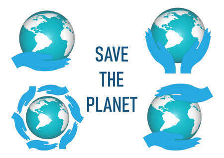 Various hands protecting the Earth, symbolizing unity, environmental care, and global responsibility on a clean background, ideal for eco-friendly, charity, or social awareness designs.Vector.のイラスト素材
