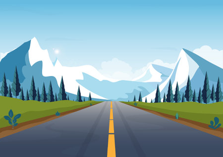 Scenic mountain road landscape with a highway winding through spring mountains and green hills. Vector illustration of countryside nature in springtime.のイラスト素材