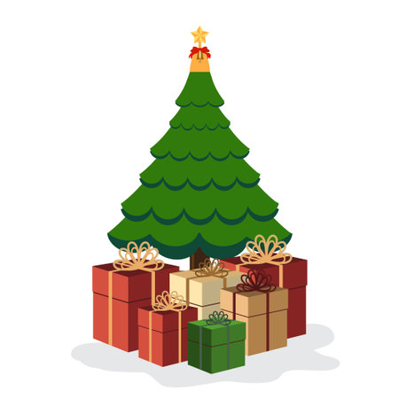 Beautiful decorated Christmas tree with colorful ornaments and a stack of wrapped gift boxes, festive holiday vector illustration for Christmas and New Year celebration design.のイラスト素材