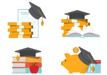 Concept of education and future planning, featuring a stack of books, graduation cap, piggy bank and calendar symbolizing learning, saving money and time management for academic success.Vector.のイラスト素材