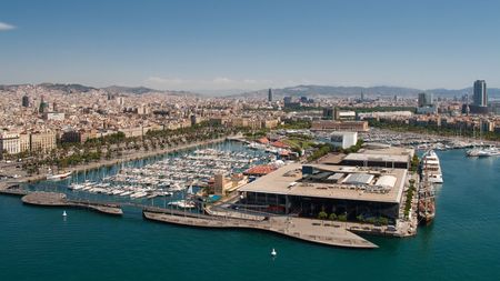 Aerial view at the marina at Barcelona Harbor. In the background the city of Barcelona, Spain.の写真素材