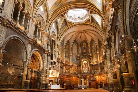 Basilica at the Montserrat Monastery, a spectacularly beautiful Benedictine Abbey high up in the mountains near Barcelona, Catalonia, Spain.の写真素材