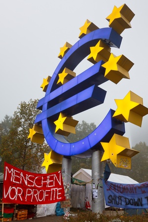 FRANKFURT - OCT 21: The protest camp of the Occupy Frankfurt movement at the European Central Bank in Frankfurt, Germany, on October 21, 2011. It is part of the global Occupy Wall Street movement.のeditorial素材