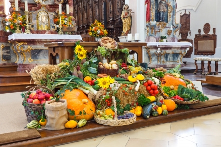 Traditional Harvest Festival Altar (Erntedankaltar) at a catholic church in Germany.のeditorial素材