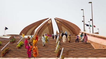 ISLAMABAD - JULY 16: Tourists visit the Pakistan Monument on July 16, 2011 in Islamabad. The monument represents Pakistan's progress as a developing country, its provinces and its territories.のeditorial素材