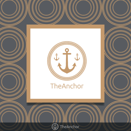 Three anchor emblem with circular rope in frame. Simple gold color logo template. circle rope pattern background. Vector illustration.のイラスト素材