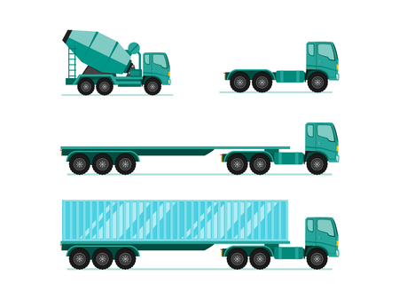 Truck illustration sets. trailer with container, long vehicle, cement mixer truck with flat design style vector illustration.のイラスト素材