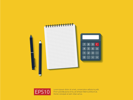 top view of empty note paper sheet with calculator, pencil and pen on workdesk vector illustrationのイラスト素材