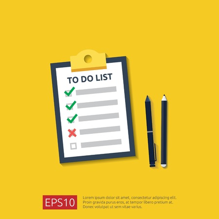Clipboard with To do list or planning, pencil, and pen in flat style. vector illustration concept of checklist paper sheet reminder with check marks.のイラスト素材