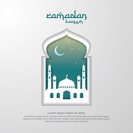 Ramadan Kareem islamic greeting card design with 3D dome mosque element in door or window with paper cut style . background Vector illustration.のイラスト素材