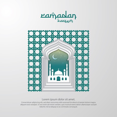 Ramadan Kareem islamic greeting with mosque and abstract ornament pattern element design for Banner or Card Background Vector illustration.のイラスト素材