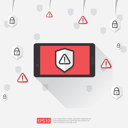 mobile phone with attention warning alert sign with exclamation mark symbol on screen. shield line icon for Internet VPN Security protection Concept vector illustration.のイラスト素材