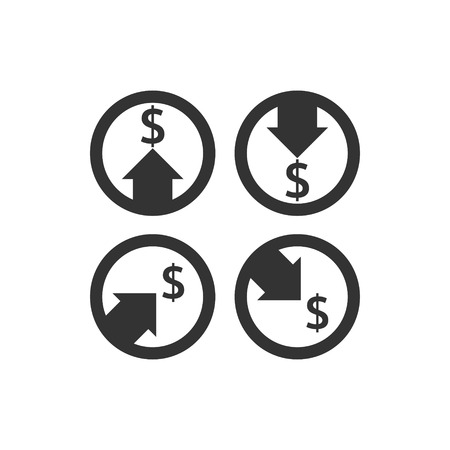 dollar increase decrease icon. Money symbol with arrow stretching rising up and drop fall down. Business cost sale and reduction icon. vector illustration.のイラスト素材