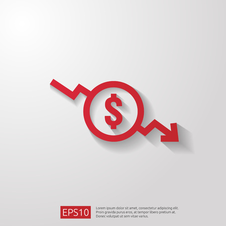 dollar decrease icon. Money symbol with arrow stretching rising drop fall down. Business cost reduction icon. vector illustration.のイラスト素材