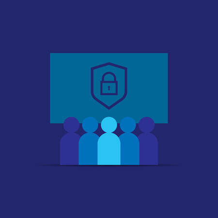 Privacy Data Protection and Internet VPN Security Concept with shield line icon. Group People. Business team work. Social network. Crowd sign. Leadership or community concept. Vector illustration.のイラスト素材