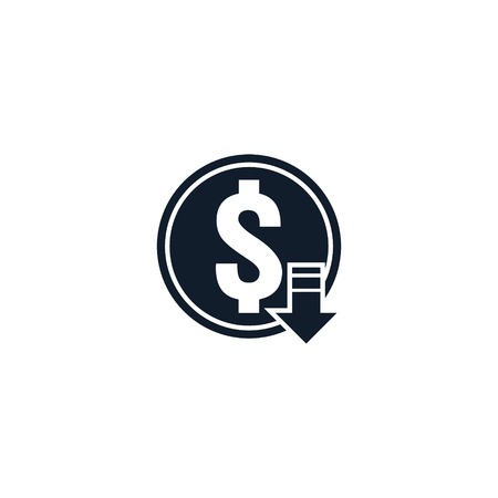 dollar decrease icon. Money symbol with arrow stretching rising drop fall down. Recession Business. cost reduction icon. vector illustration.のイラスト素材