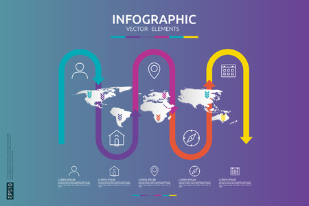 5 steps business infographic. timeline design template with arrow element and world map pin background concept with options. For content, diagram, flowchart, steps, parts, workflow layout, chart.のイラスト素材