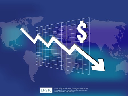 dollar money fall down symbol with world map and blur background. arrow decrease economy stretching rising drop. Business loss crisis decrease illustration. cost reduction bankrupt vector.のイラスト素材