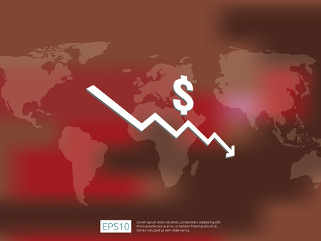 dollar money fall down symbol with world map and blur background. arrow decrease economy stretching rising drop. Business loss crisis decrease illustration. cost reduction bankrupt vector.のイラスト素材