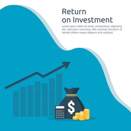 Return on investment ROI concept. business growth arrows to success. dollar stack pile coins and money bag. chart increase profit. Finance stretching rising up. banner flat style vector illustration.のイラスト素材