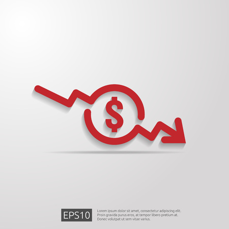 dollar arrow decrease icon. Money arrow symbol. economy stretching rising drop fall down. Business lost crisis decrease. lower cost, reduction bankrupt icon. vector illustration.のイラスト素材