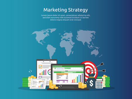 marketing strategy spreadsheet on screen. business finance analysis audit with graphs charts. Return on investment ROI concept. increase profit stretching rising up. banner template illustrationのイラスト素材
