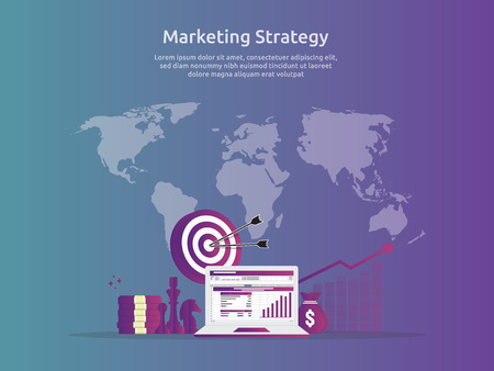 marketing strategy spreadsheet on screen. business finance analysis audit with graphs charts. Return on investment ROI concept. increase profit stretching rising up. banner template illustrationのイラスト素材