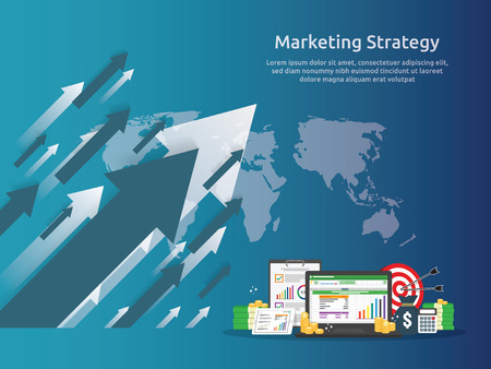 business marketing strategy spreadsheet on screen. finance analysis audit with graphs charts. Return on investment ROI concept. increase profit stretching rising up. banner template illustrationのイラスト素材